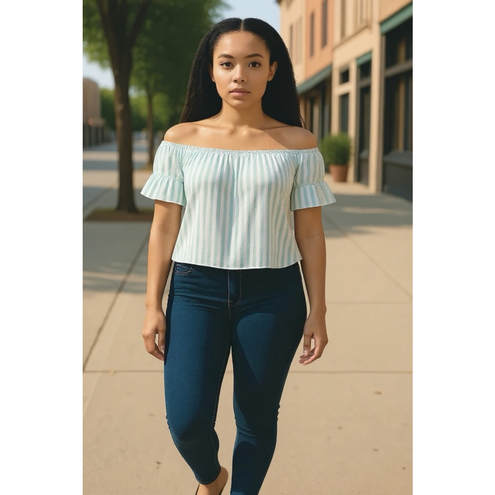 Madewell Off-Shoulder Striped Top Green/White Size L